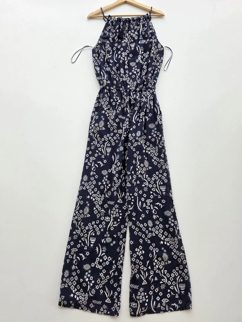 Tory Burch Silk Navy Blue Geometric Tribal Print Wide Leg Jumpsuit